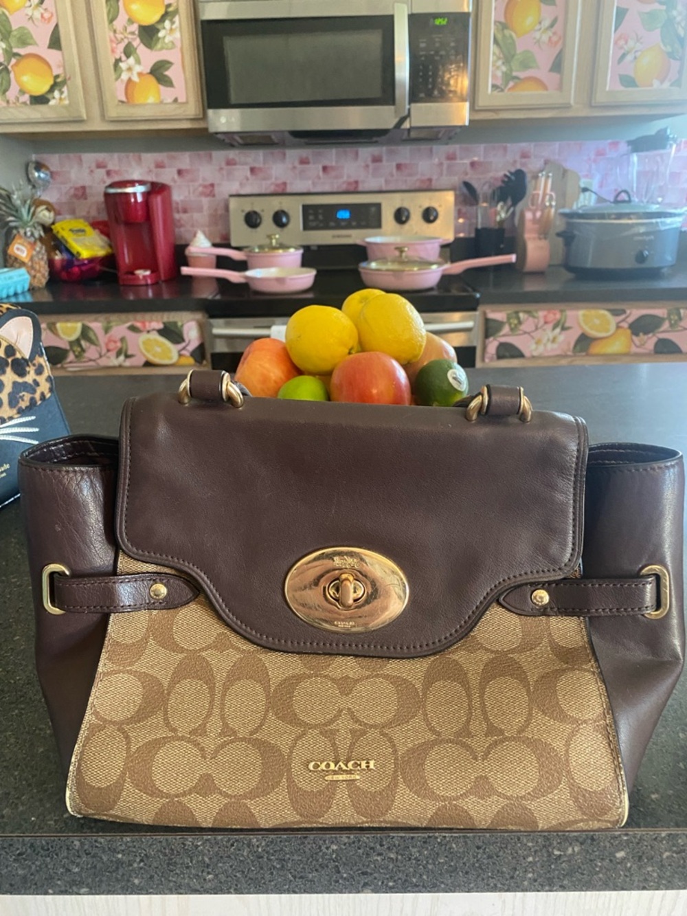 Coach Brown Leather & Signature Canvas Satchel with Gold Hardware